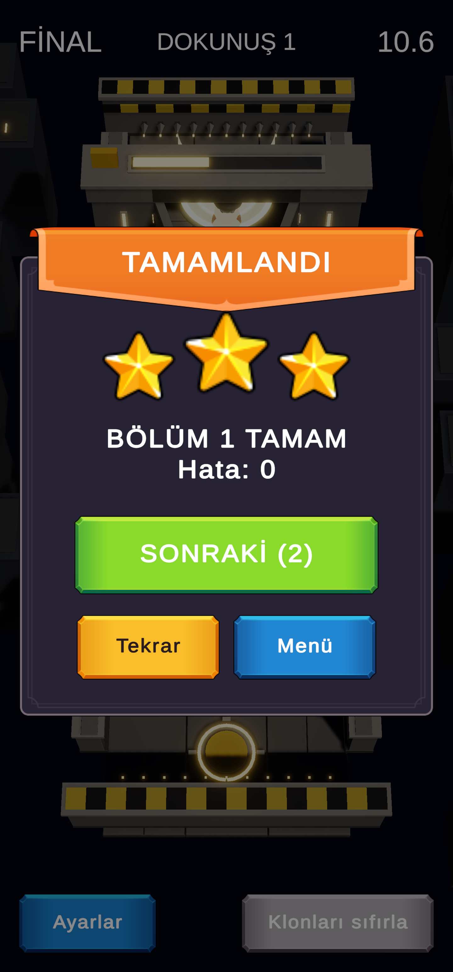 Bölüm tamamlandı ekranı